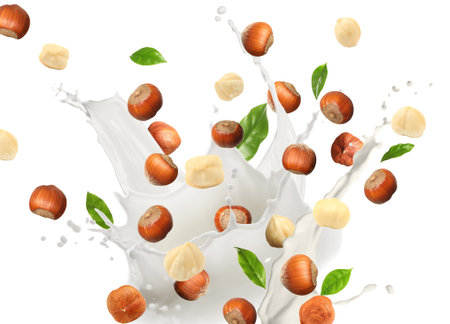 Nut milk splash with hazelnuts and green leaves in air on white backgroundの写真素材