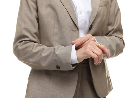 Woman in suit on white background, closeupの写真素材