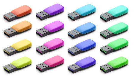 Colorful flash drives isolated on white, collage
