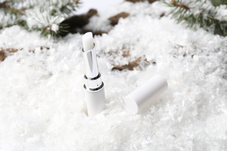 Moisturizing lip balm and fir tree branches on artificial snow, closeup. Winter careの写真素材
