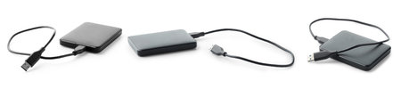 External hard drives with USB cables isolated on white, collage