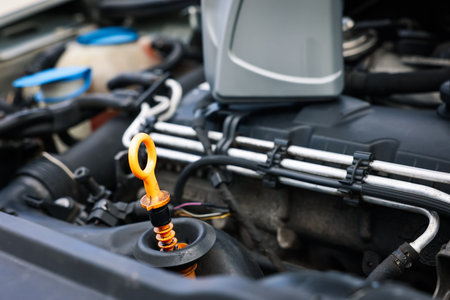 Checking motor oil level. Dipstick in car engine, closeupの写真素材