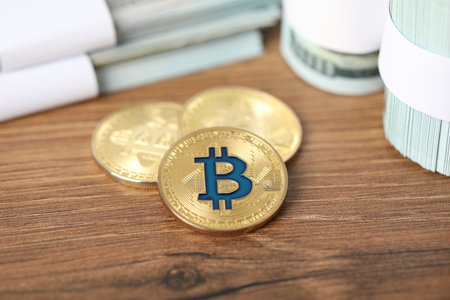 Cryptocurrency. Bitcoins and dollar banknotes on wooden table, closeupの写真素材