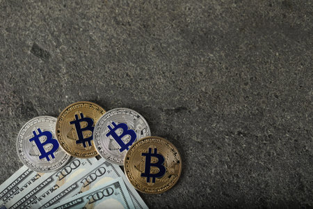 Cryptocurrency. Bitcoins and dollars on grey table, flat lay. Space for text