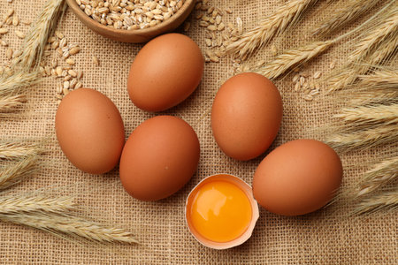 Fresh eggs, grains and spikes on burlap cloth, flat lay