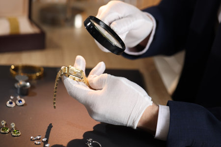 Appraiser with magnifying glass evaluating luxury wristwatch at table indoors, closeup