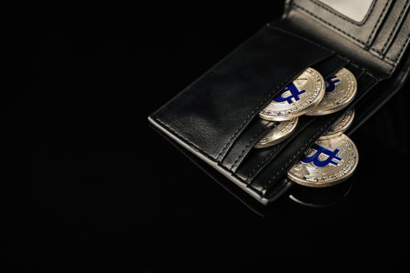 Cryptocurrency. Bitcoins in wallet on black mirror surface, above view. Space for textの写真素材
