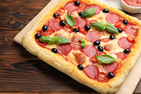 Tasty homemade pizza on wooden table, closeupの写真素材