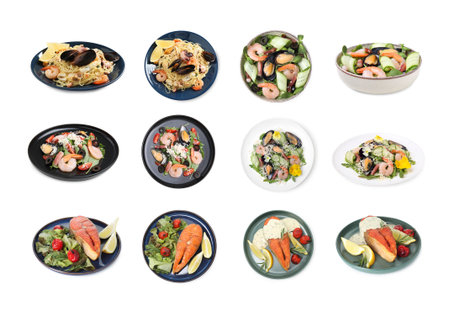 Tasty dishes with sea food isolated on white, collage. Top and side viewの写真素材