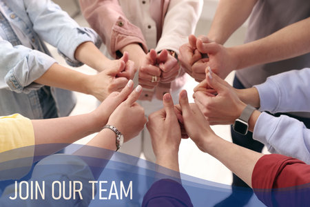 Join Our Team. Group of people showing thumbs up indoors, closeup. Employee search, recruitment conceptのeditorial素材