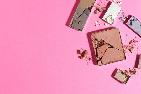 Beautiful eyeshadow refill pans on pink background, flat lay. Space for text