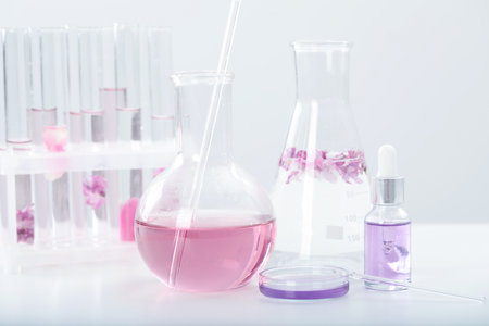 Making luxury perfume. Essential oils in glassware and flowers on white table, closeupの写真素材