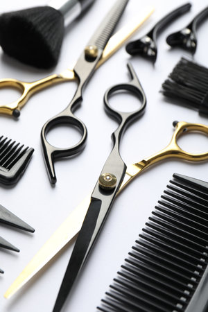 Different hairdresser's tools on white background, closeupの写真素材