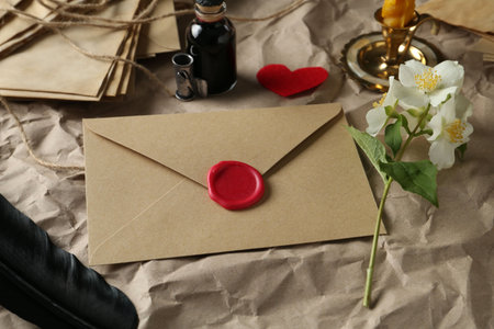 Composition with love letters and flowers on table