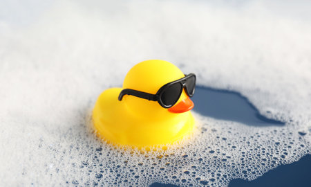 Cute rubber duck floating in water with bubbles, closeup