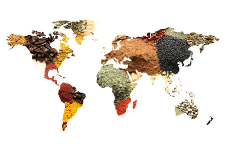 World map made of different aromatic spices on white backgroundの写真素材