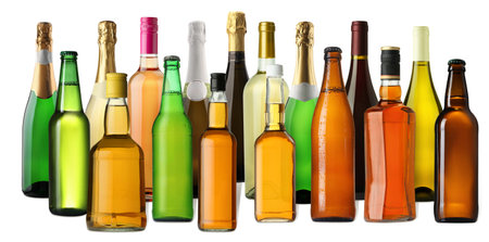 Bottles with different types of alcoholic drinks on white background, setの写真素材