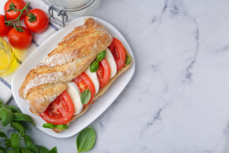 Tasty sandwich with mozzarella cheese, tomatoes and basil on white marble table, flat lay. Space for textの写真素材
