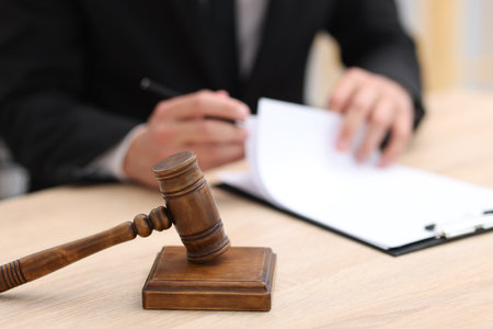 Judge working and gavel on desk indoors, selective focusのeditorial素材