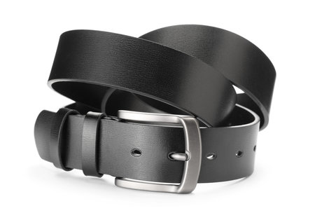 One black leather belt isolated on whiteの写真素材