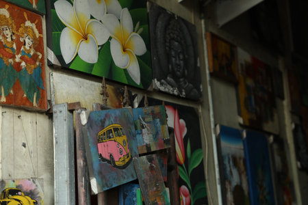 Bali, Indonesia - May 15, 2025: Different pictures on wall indoors, closeupのeditorial素材