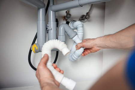 Plumber fixing pipes under sink indoors, closeupのeditorial素材