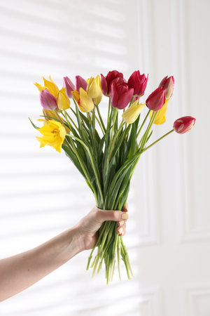 Woman with bouquet of beautiful tulips near white wall, closeupのeditorial素材
