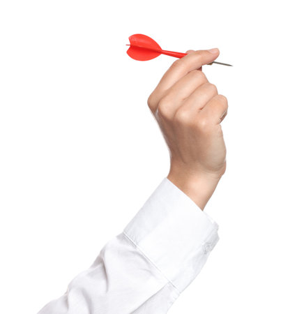 Targeting. Woman with dart on white background, closeupの写真素材