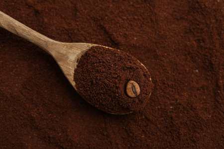 Instant coffee powder, bean and spoon, top viewの写真素材