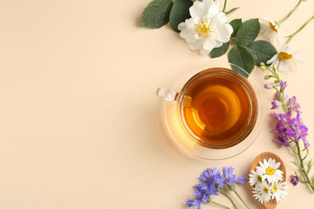 Aromatic herbal tea in glass cup and different flowers on beige background, flat lay. Space for textの写真素材