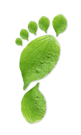 Human footprint made of green leaves on white background, top view. Environmental care, ecology protection, reducing CO2 emissionの写真素材