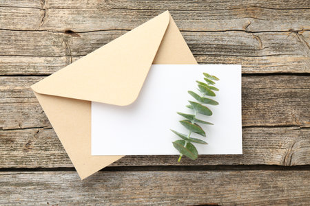 Blank invitation card, envelope and eucalyptus branch on wooden table, top viewの写真素材
