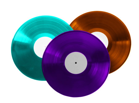 Three color vinyl records on white backgroundの写真素材