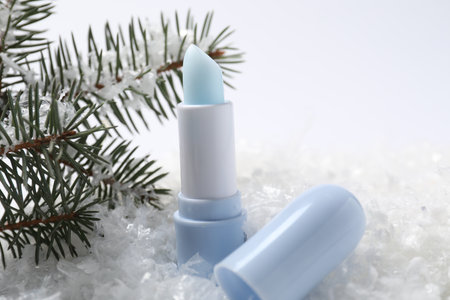 Moisturizing lip balm and fir tree branches on artificial snow, closeup. Winter careの写真素材