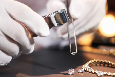 Appraiser with loupe evaluating gemstone at table indoors, closeup