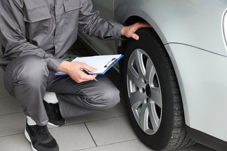 Mechanic checking tire after change at car service, closeupのeditorial素材