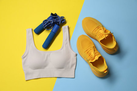 Sportswear, sneakers and skipping rope on color background, flat layの写真素材