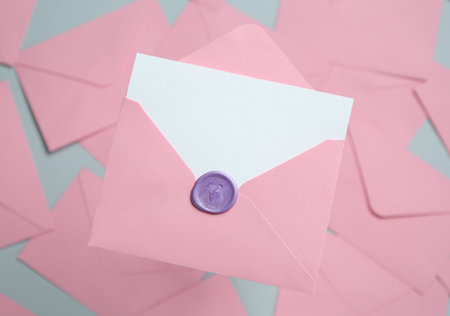 Blank invitation card and envelope on glass surface, top view. Space for design