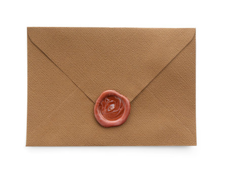 Beautiful invitation envelope with wax seal isolated on white, top viewの写真素材