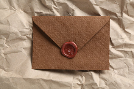 Beautiful invitation envelope with wax seal on parchment paper, top view