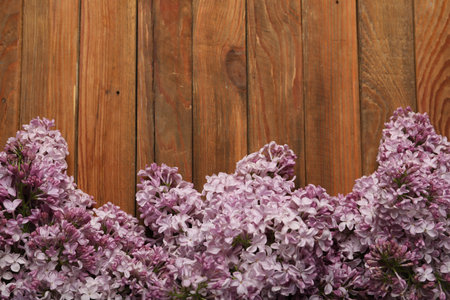 Beautiful lilac flowers on wooden table, flat lay. Space for textの写真素材