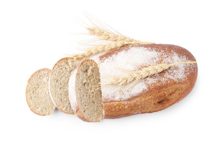 Fresh cut bread and spikes isolated on white, top viewの写真素材