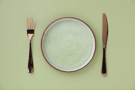 Empty plate and cutlery on light green background, top view
