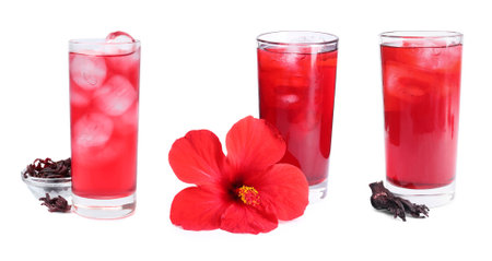 Refreshing cold hibiscus tea with ice isolated on white, setの写真素材