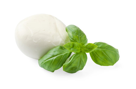 Tasty mozzarella cheese and basil isolated on whiteの写真素材