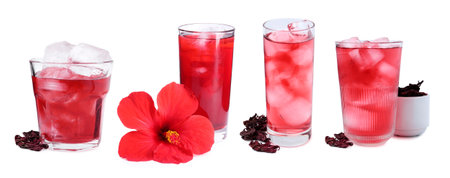 Refreshing cold hibiscus tea with ice isolated on white, setの写真素材