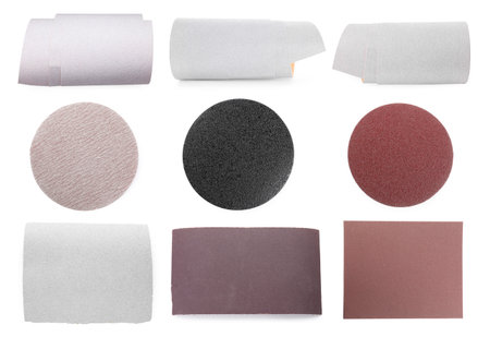 Different types of sandpaper on white background, collageの写真素材