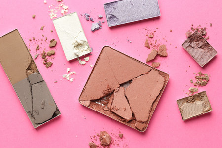 Beautiful eyeshadow refill pans on pink background, flat layの写真素材