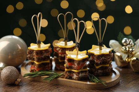 Tasty canapes with cheese on wooden table against blurred lights, closeup. Bokeh effectの写真素材