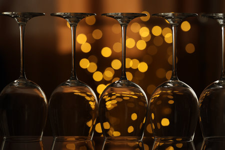 Many clean glasses on glass mirror surface against blurred lights, closeup. Bokeh effectの写真素材